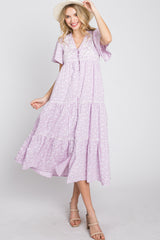 Lavender Floral Embroidered Button Front Midi Dress