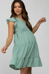 Mint Green Ruffle Sleeve Tiered Maternity Dress