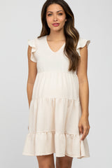 Cream Ruffle Sleeve Tiered Maternity Dress