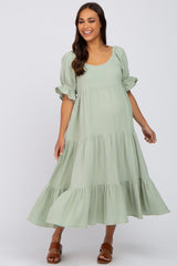 Mint Green Puff Sleeve Tiered Maternity Midi Dress