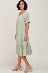 Mint Green Puff Sleeve Tiered Midi Dress