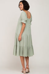 Mint Green Puff Sleeve Tiered Midi Dress