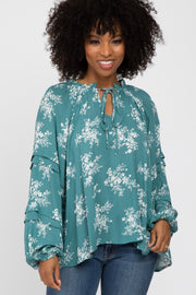 Teal Ruffle Neck Pleated Sleeve Top