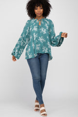 Teal Ruffle Neck Pleated Sleeve Top