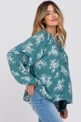 Teal Ruffle Neck Pleated Sleeve Maternity Top