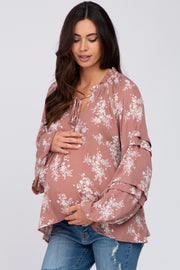 Mauve Ruffle Neck Pleated Sleeve Maternity Top