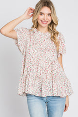 White Floral Mock Neck Tiered Top