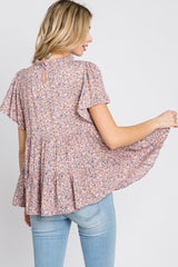 Pink Floral Mock Neck Tiered Top