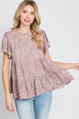 Pink Floral Mock Neck Tiered Top