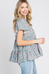 Blue Floral Mock Neck Tiered Top