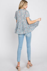 Blue Floral Mock Neck Tiered Top