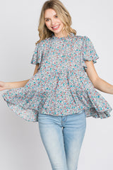 Blue Floral Mock Neck Tiered Top