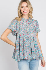 Blue Floral Mock Neck Tiered Top