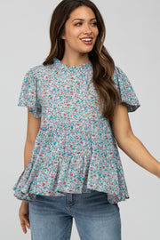 Blue Floral Mock Neck Tiered Maternity Top