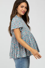 Blue Floral Mock Neck Tiered Maternity Top