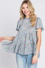 Blue Floral Mock Neck Tiered Top