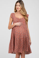 Rust Ditsy Floral Flutter Sleeve Maternity Dress