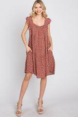 Rust Ditsy Floral Flutter Sleeve Maternity Dress