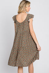 Olive Ditsy Floral Flutter Sleeve Dress