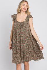 Olive Ditsy Floral Flutter Sleeve Dress