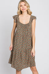 Olive Ditsy Floral Flutter Sleeve Dress