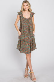 Olive Ditsy Floral Flutter Sleeve Dress