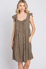 Olive Ditsy Floral Flutter Sleeve Dress