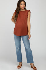 Dark Rust Ruffle Accent High Neck Maternity Top