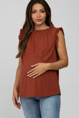 Dark Rust Ruffle Accent High Neck Maternity Top