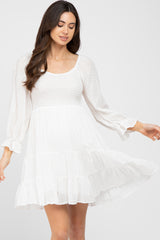 White Smocked Tiered 3/4 Ruffle Sleeve Maternity Dress