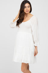 White Smocked Tiered 3/4 Ruffle Sleeve Maternity Dress