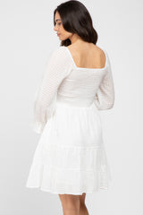 White Smocked Tiered 3/4 Ruffle Sleeve Maternity Dress