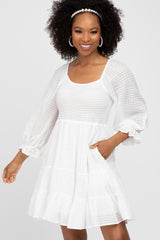 White Smocked Tiered 3/4 Ruffle Sleeve Maternity Dress