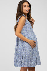 Blue Floral Print Tiered Maternity Dress