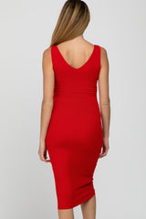 Red Sleeveless Ribbed Knit Fitted Maternity Dress