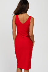 Red Sleeveless Ribbed Knit Fitted Dress