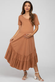 Camel Ruffle Accent Maternity Midi Dress