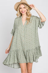 Light Olive Floral Ruffle Hi- Lo Hem Mini Dress