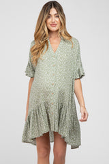 Light Olive Floral Ruffle Hi- Lo Hem Maternity Mini Dress