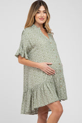 Light Olive Floral Ruffle Hi- Lo Hem Maternity Mini Dress