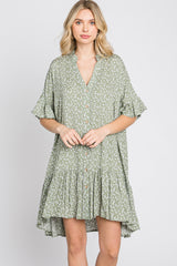 Light Olive Floral Ruffle Hi- Lo Hem Mini Dress