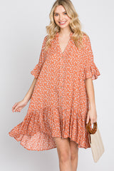 Orange Floral Ruffle Hi- Lo Hem Mini Dress