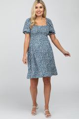 Blue Printed Puff Sleeve Maternity Dress