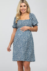 Blue Printed Puff Sleeve Maternity Dress