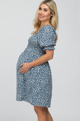 Blue Printed Puff Sleeve Maternity Dress