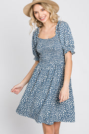 Blue Printed Puff Sleeve Dress