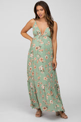 Green Floral Front Tie Ruffle Hem Maternity Maxi Dress