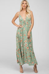 Green Floral Front Tie Ruffle Hem Maternity Maxi Dress