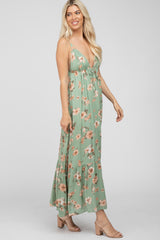 Green Floral Front Tie Ruffle Hem Maxi Dress