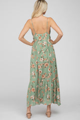 Green Floral Front Tie Ruffle Hem Maxi Dress